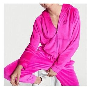 Victoria Secret On Point Velour Tracksuit Crop Jacket and Jogger Set Pink XXL